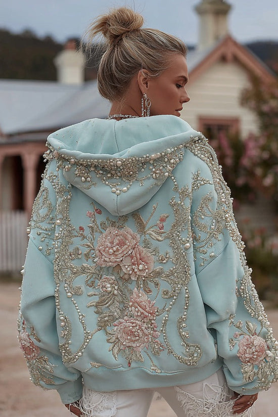 Women's Retro Bohemian Floral Embroidery Casual Hooded Sweatshirt