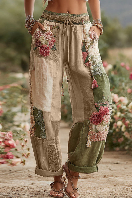 Love & Health Collection Retro Rose And Floral Patchwork Art Linen Pants
