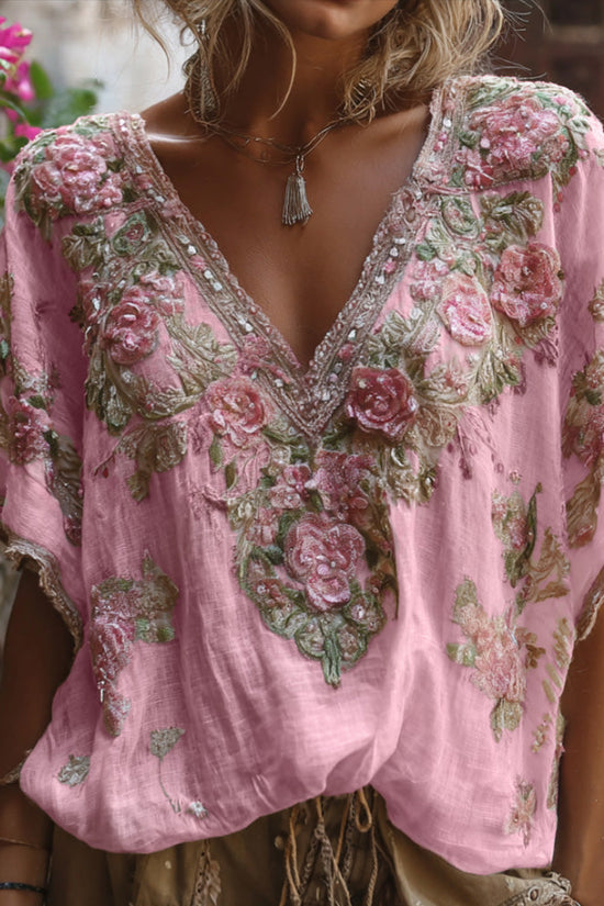 Bohemian-style Pink Floral Embroidery V-neck Short-sleeved Shirt With Sequins