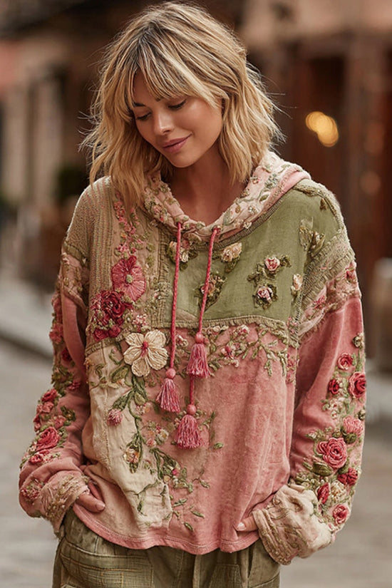 Women's Floral Embroidery Color Block Boho Casual Hooded Sweatshirt