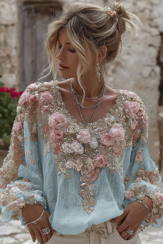 Women's Vintage Pink Rose Embroidery Art Round Neck Linen Blend T-shirt