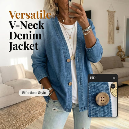 50% OFF NOW!✨ Women's Classic Button Front Denim Jacket V-Neck, Breathable Fabric & Relaxed Fit