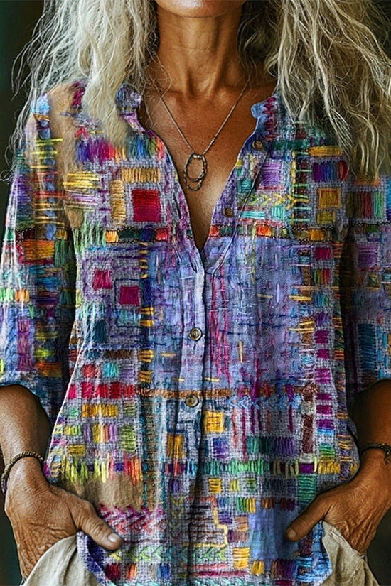 Women's Retro Ethnic Style Patchwork Art Print Casual Cotton And Linen Shirt