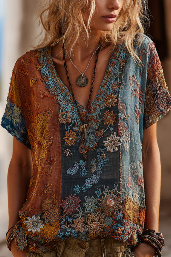Bohemian-style Plant-dyed Knitted Floral Loose Patchwork Short-sleeved Top