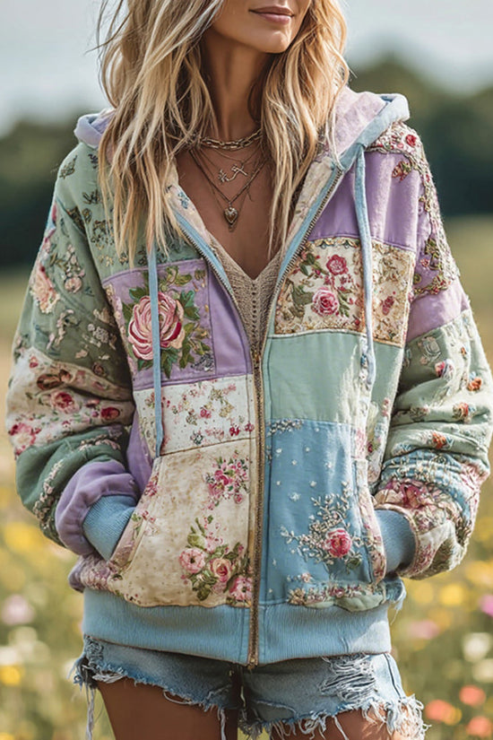 Women's Vintage Floral Patchwork Cozy Warm Zipper Hoodie