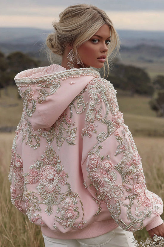 Women's Pink Flower Embroidery Art Long Sleeve Hoodie