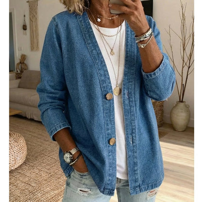 50% OFF NOW!✨ Women's Classic Button Front Denim Jacket V-Neck, Breathable Fabric & Relaxed Fit