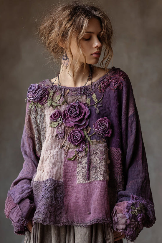 Vintage Purple Roses Boho Lace Patchwork Linen Tunic
