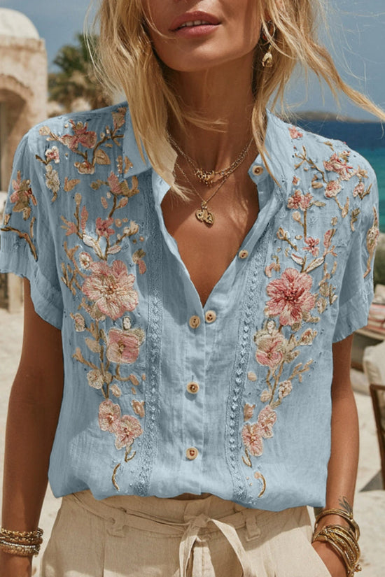 Women's Vintage Embroidery Floral Art Short Sleeve Shirt