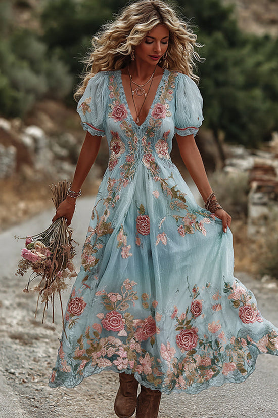 Women's Vintage Rose Embroidery Art Comfy Linen Maxi Dress