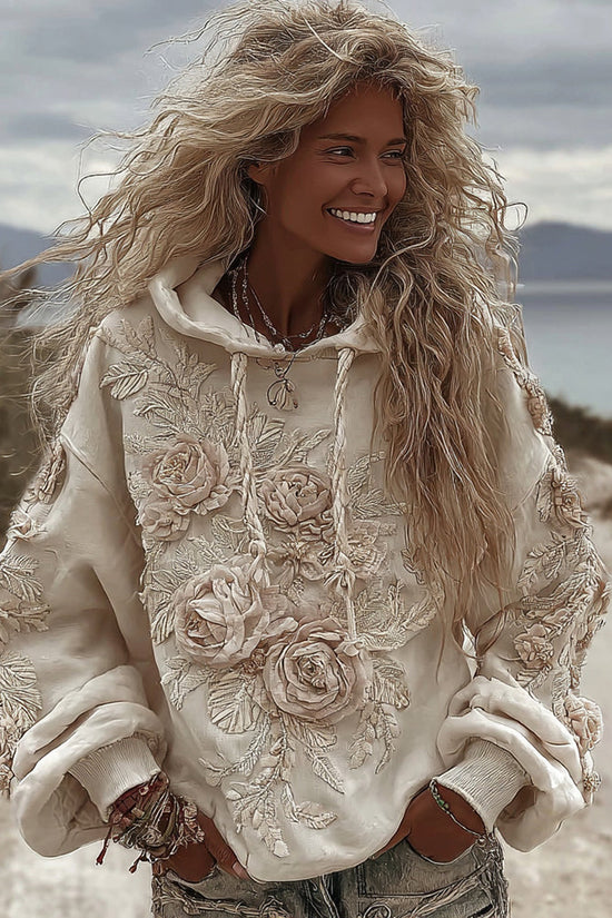 Women's Classic Romantic White Rose Embroidery Art Comfy Hoodie