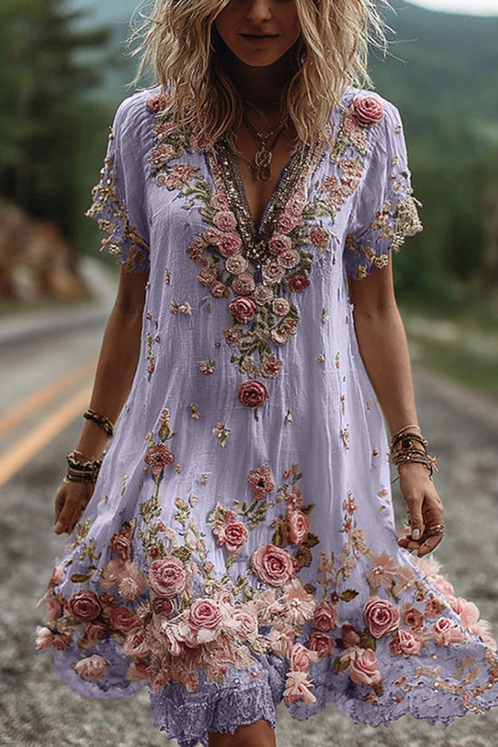Vintage Floral Embroidery Short-sleeved Dress