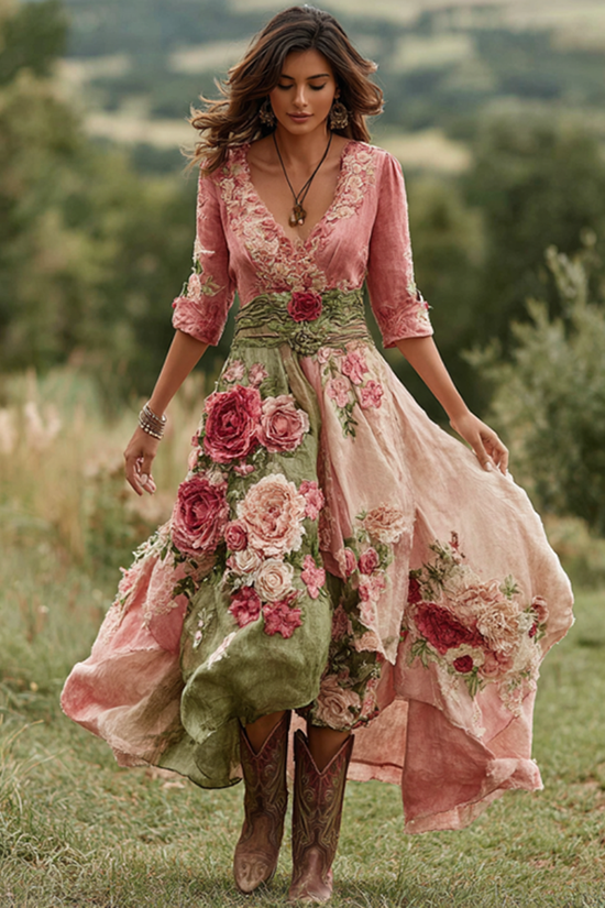 Women's Vintage Floral Art V Neck Linen Blend Maxi Dress