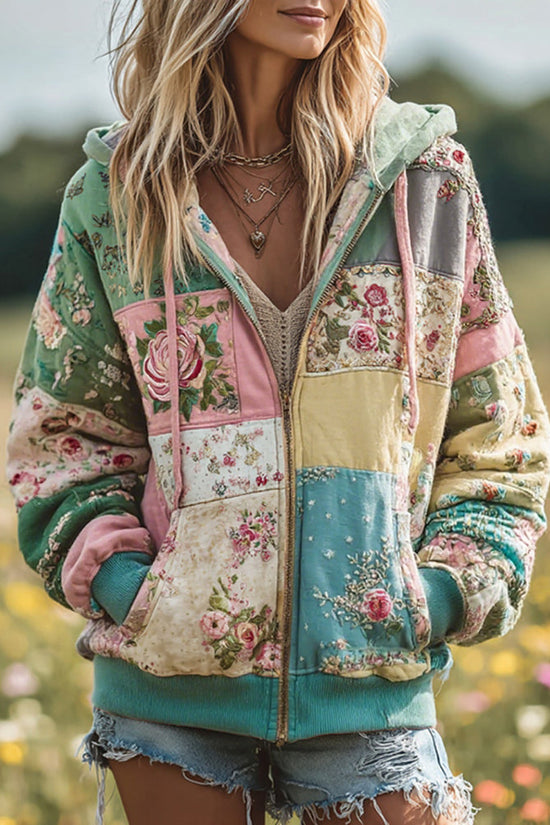Women's Vintage Floral Patchwork Cozy Warm Zipper Hoodie