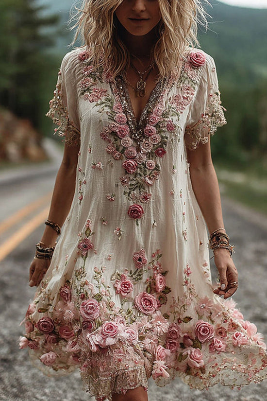 Vintage Floral Embroidery Short-sleeved Dress