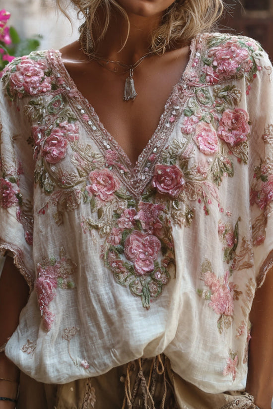 Bohemian-style Pink Floral Embroidery V-neck Short-sleeved Shirt With Sequins