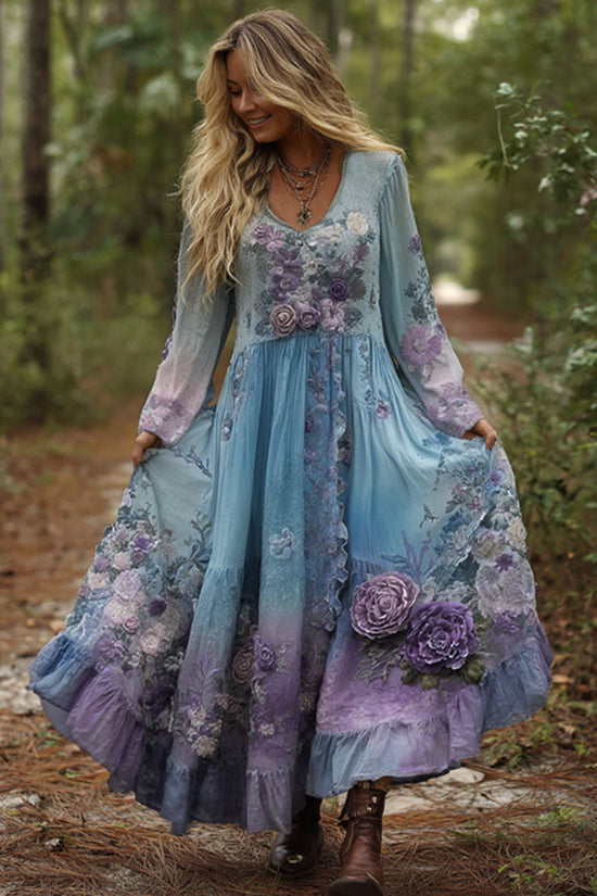 Vintage Classy Gradient Purple Lavender And Floral Embroidered Maxi Dress