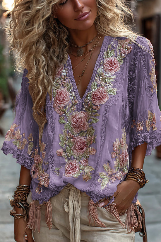 Women's Vintage Rose Embroidery Art Comfy Linen Shirts