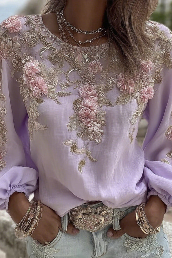 Women's Vintage Pink Rose Embroidery Art Round Neck Long Sleeve Linen Blend T-shirt