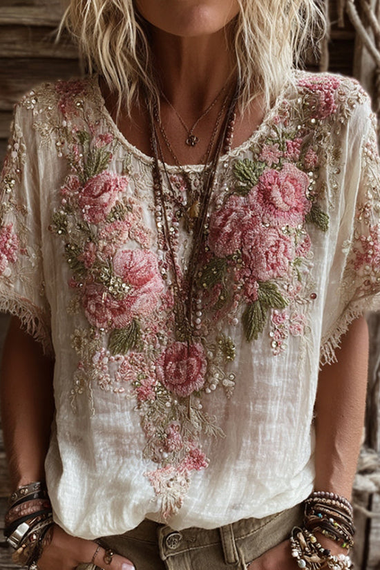 Women's Pink Rose Embroidery Art Round Neck Short Sleeve Linen Blend T-shirt