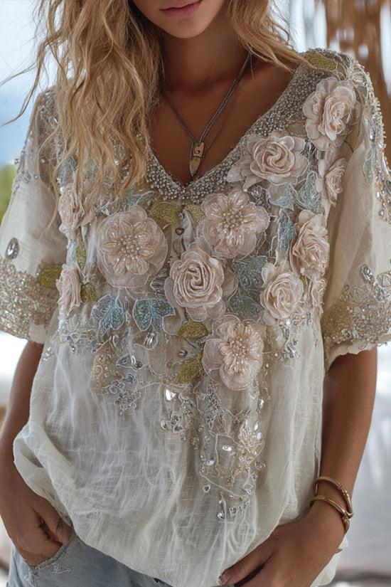 Bohemian White Rose Rhinestone V-neck Loose Retro Short-sleeve T-shirt