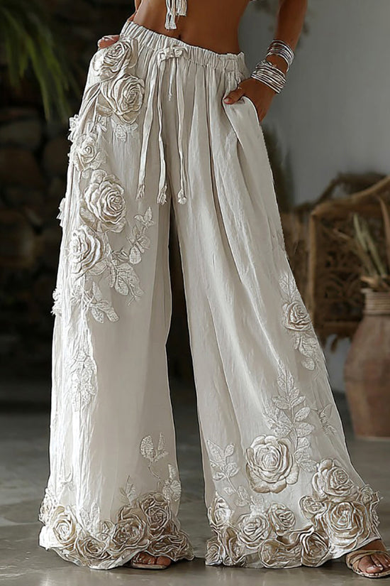 Women's Retro Floral Embroidery Art Casual Linen Pants