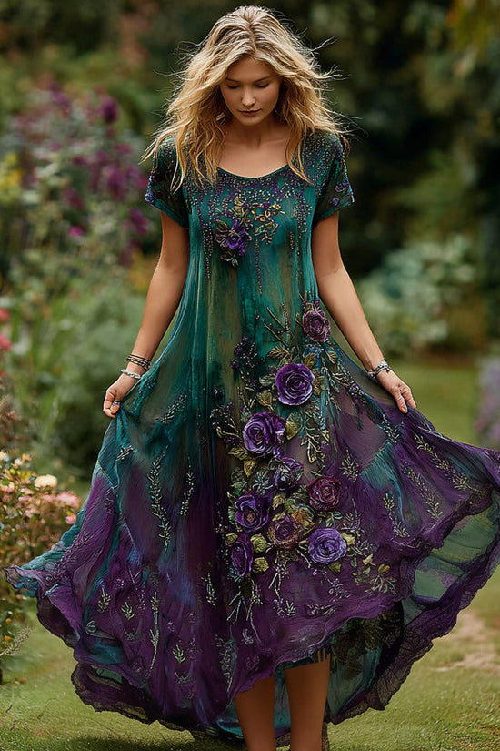 Women's Vintage Floral Embroidery Gradient Pattern Round Neck Dress