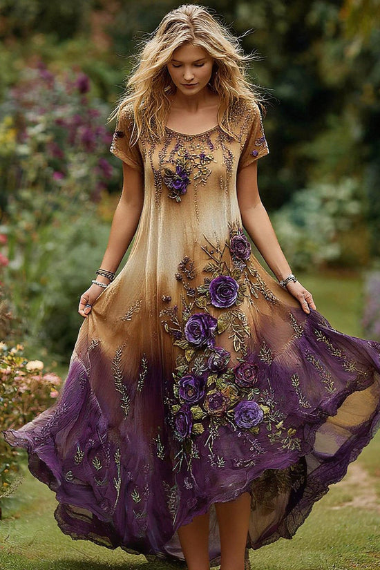 Women's Vintage Floral Embroidery Gradient Pattern Round Neck Dress