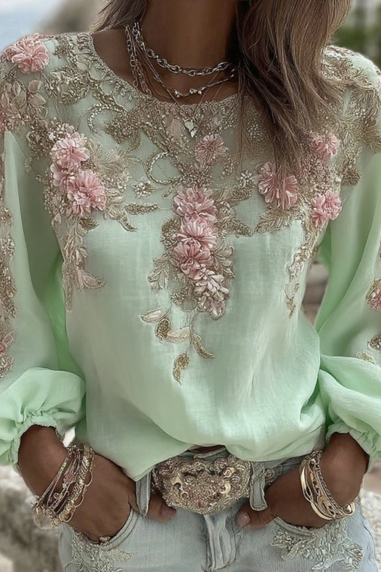 Women's Vintage Pink Rose Embroidery Art Round Neck Long Sleeve Linen Blend T-shirt