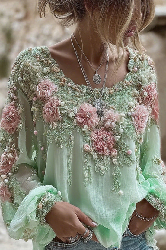 Women's Pink Rose Embroidery Art Round Neck Long Sleeve Linen Blend T-shirt