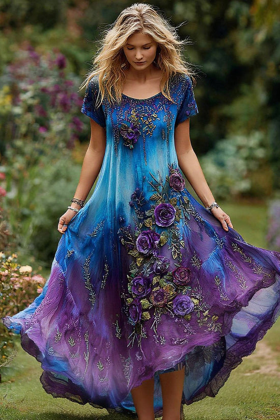 Women's Vintage Floral Embroidery Gradient Pattern Round Neck Dress
