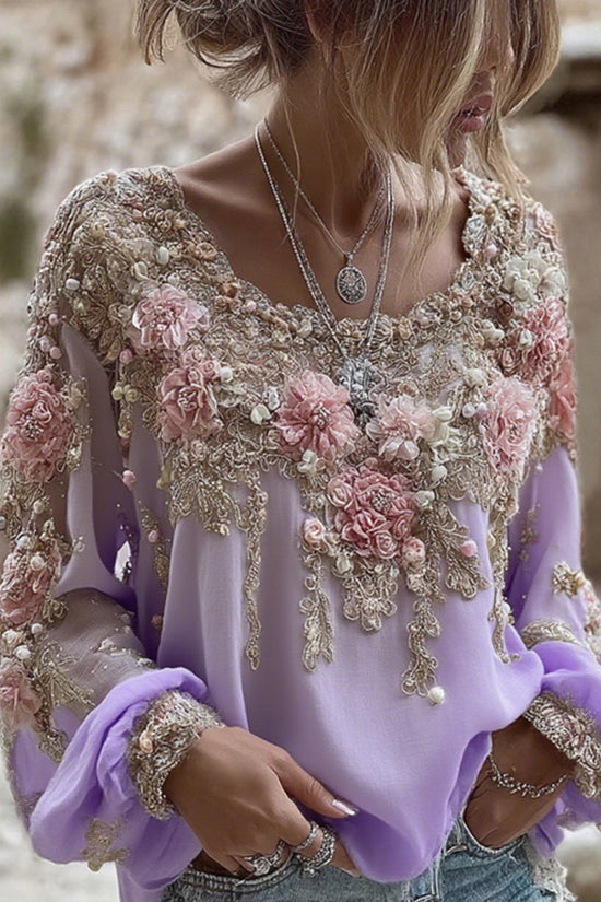 Women's Pink Rose Embroidery Art Round Neck Long Sleeve Linen Blend T-shirt