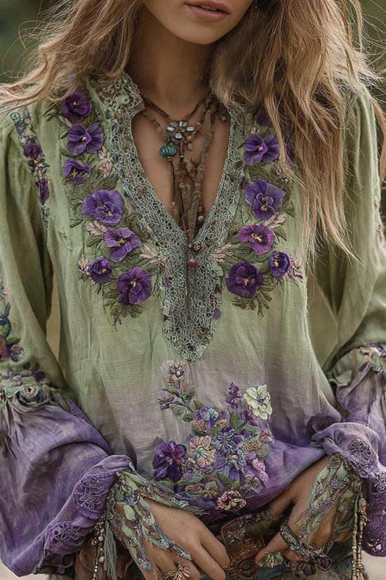 Vintage Classy Gradient Purple Pansy Embroidered Art Linen Long Sleeve Blouse