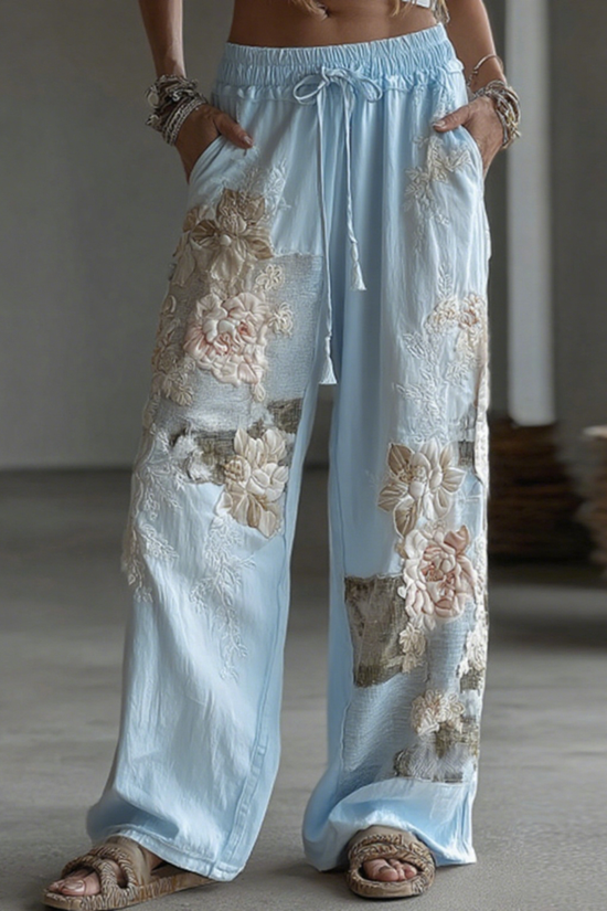 Women's Retro Floral Patchwork Art Casual Linen Pants