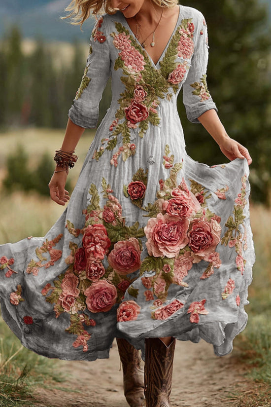 Women's Vintage Rose Floral Art V Neck Linen Blend Comfy Maxi Dress