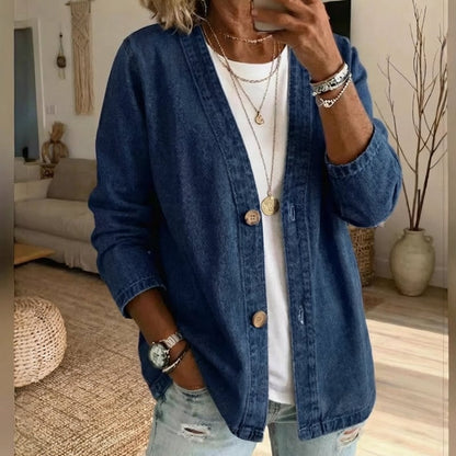 50% OFF NOW!✨ Women's Classic Button Front Denim Jacket V-Neck, Breathable Fabric & Relaxed Fit