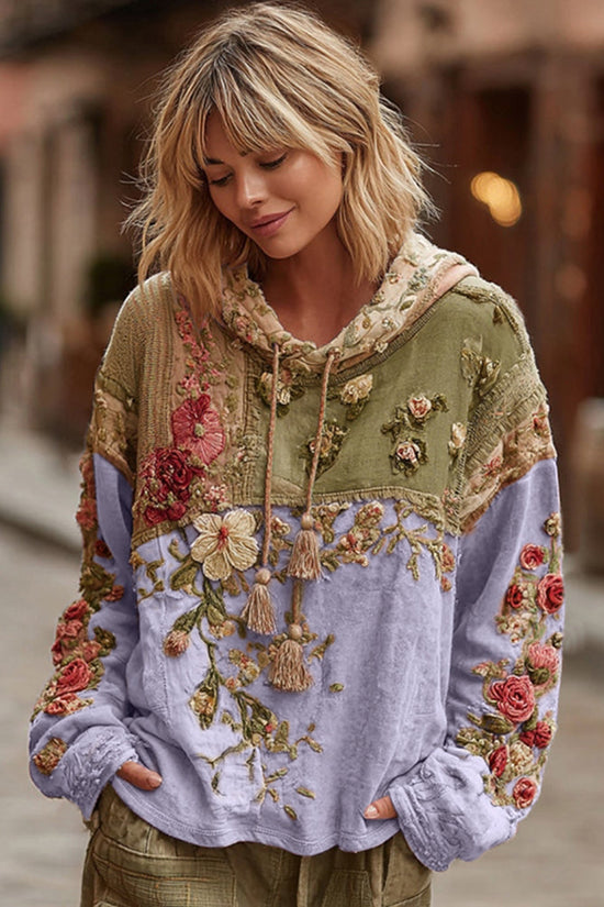 Women's Floral Embroidery Color Block Boho Casual Hooded Sweatshirt