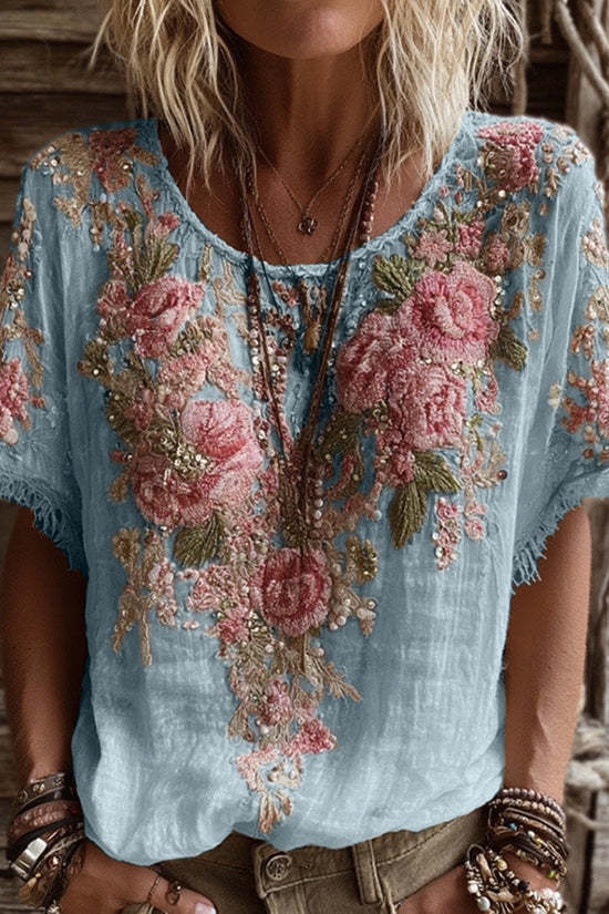 Women's Pink Rose Embroidery Art Round Neck Short Sleeve Linen Blend T-shirt