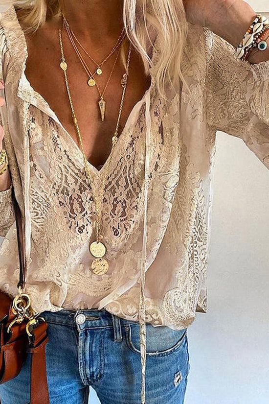 Boho Lace Hollow Out V Neck Long Sleeve Top