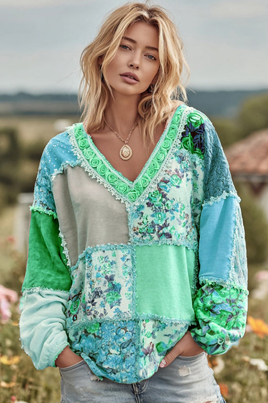 Women's Vintage Floral Patchwork Art Cozy Warm Sweatshirt