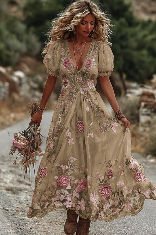Women's Vintage Rose Embroidery Art Comfy Linen Maxi Dress