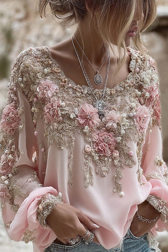 Women's Pink Rose Embroidery Art Round Neck Long Sleeve Linen Blend T-shirt