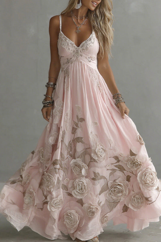 Women's Vintage Rose Embroidery Art V-neck Suspender Maxi Dress