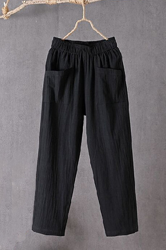 Women's Pockets Design Linen Blend Elastic Waist Pants