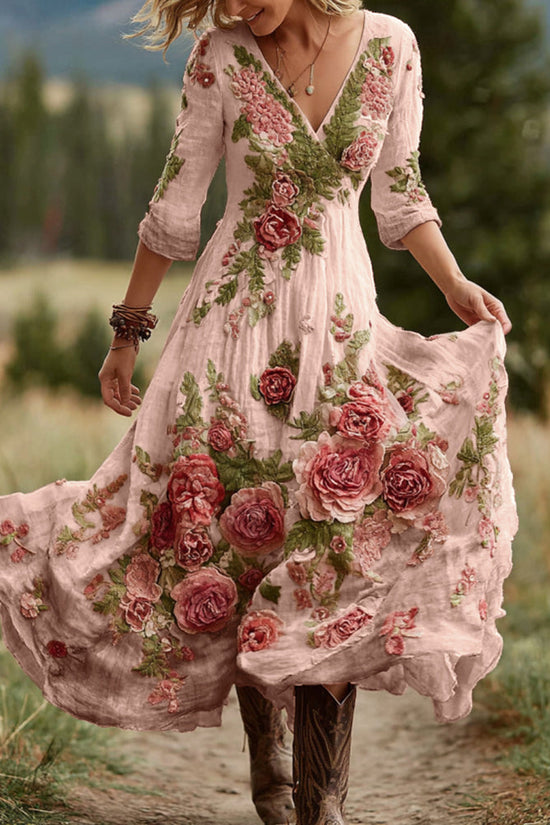 Women's Vintage Rose Floral Art V Neck Linen Blend Comfy Maxi Dress