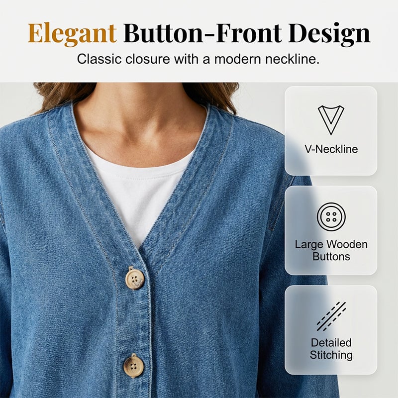 50% OFF NOW!✨ Women's Classic Button Front Denim Jacket V-Neck, Breathable Fabric & Relaxed Fit
