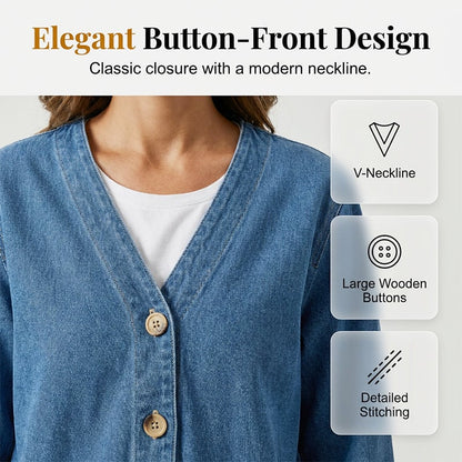 50% OFF NOW!✨ Women's Classic Button Front Denim Jacket V-Neck, Breathable Fabric & Relaxed Fit