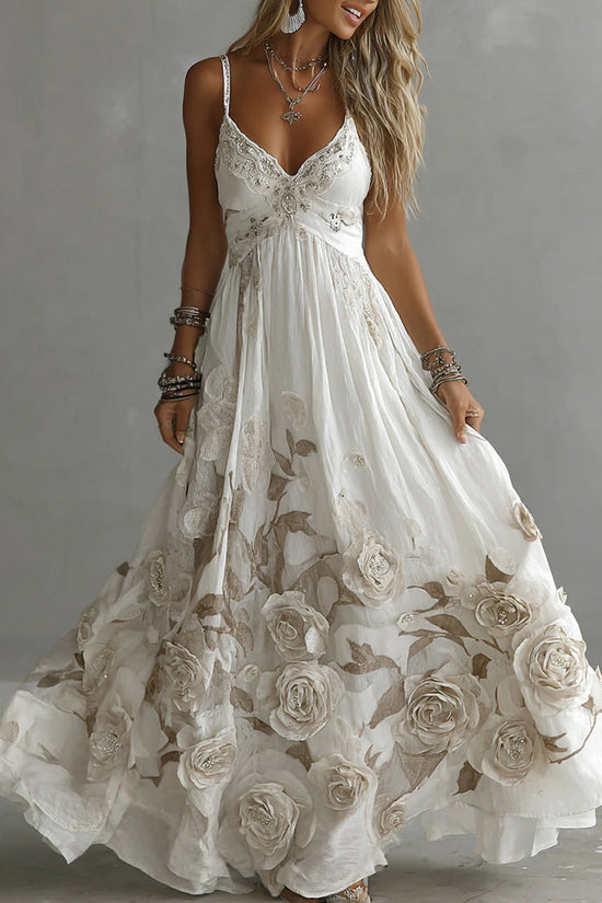 Women's Vintage Rose Embroidery Art V-neck Suspender Maxi Dress