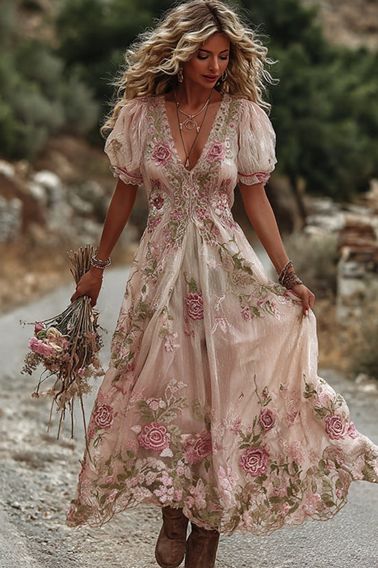 Women's Vintage Rose Embroidery Art Comfy Linen Maxi Dress