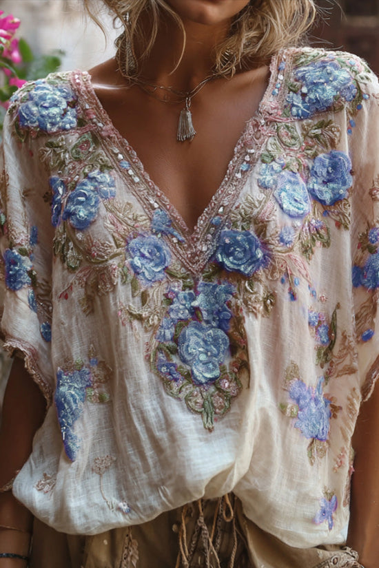 Bohemian-style Pink Floral Embroidery V-neck Short-sleeved Shirt With Sequins